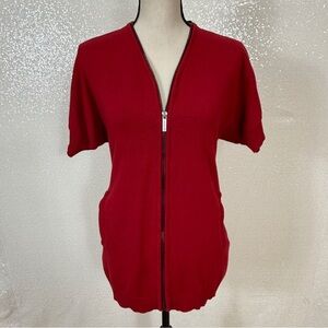 Kenneth Cole New York Red Zip Front Knit Y2K Vintage Short Sleeve Knit Top, PM